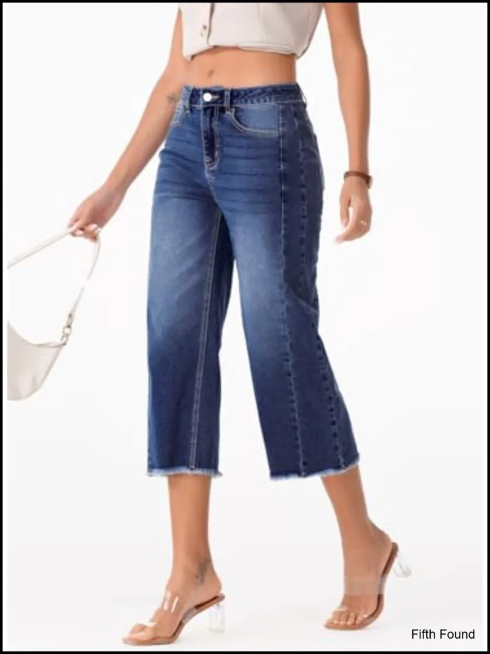 High Waisted Wide Leg Capri Jeans with Raw Hem Side Seam Denim